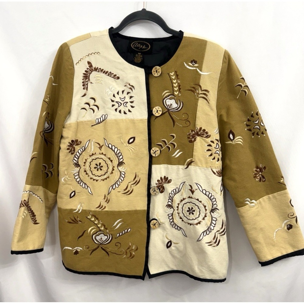 VTG ALEX KIM Beige Embroidered Jacket Womens Size M Art To Wear